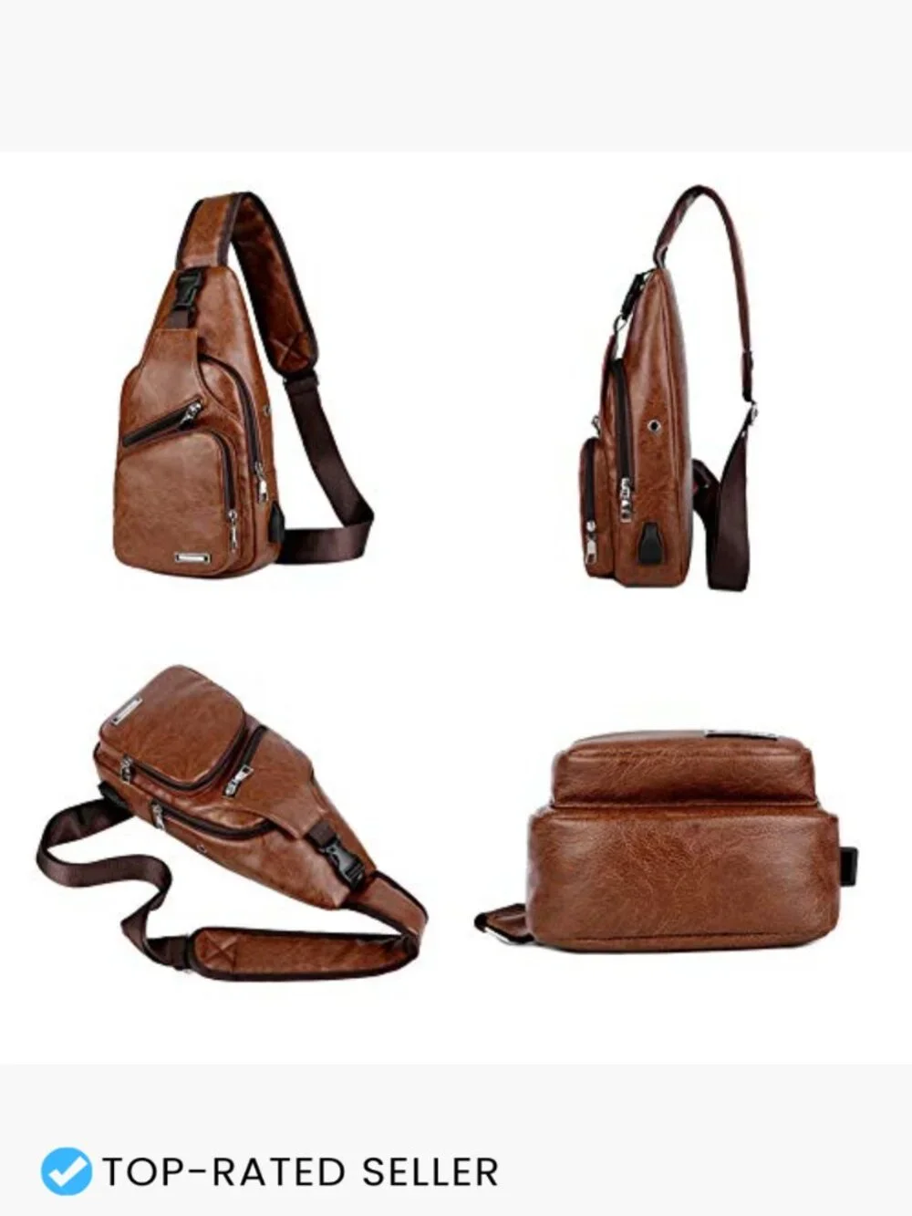 Leather Sling Bag Crossbody Chest Backpack for Men with USB Charge Port Large